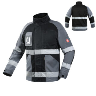 Blouson de travail noir et gris avec bandes réfléchissantes sur fond blanc.