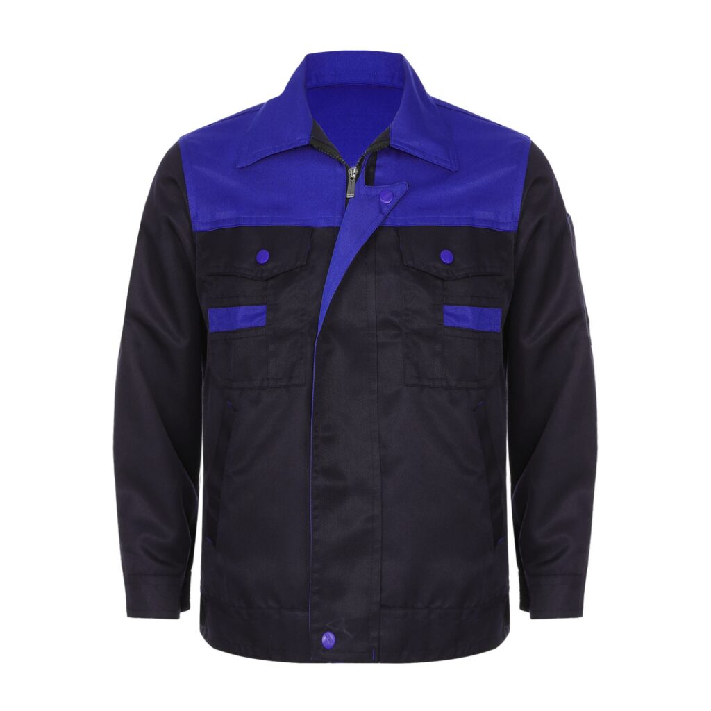 Blouson de travail noir et bleu sur fond blanc.