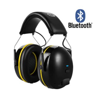 Casque anti-bruit noir et jaune sur fond blanc.