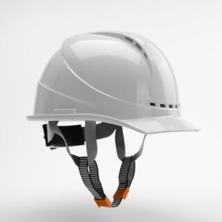Casque de chantier blanc sur fond blanc.