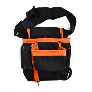 ceinture porte outil noire et orange à sept poches, sur fond blanc