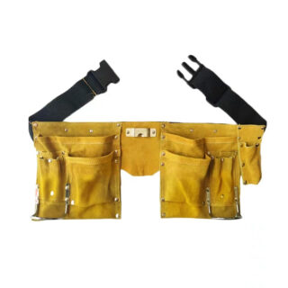 ceinture porte outil multi-poches de tailles variées, en cuir jaune et avec ceinture noire, sur fond blanc