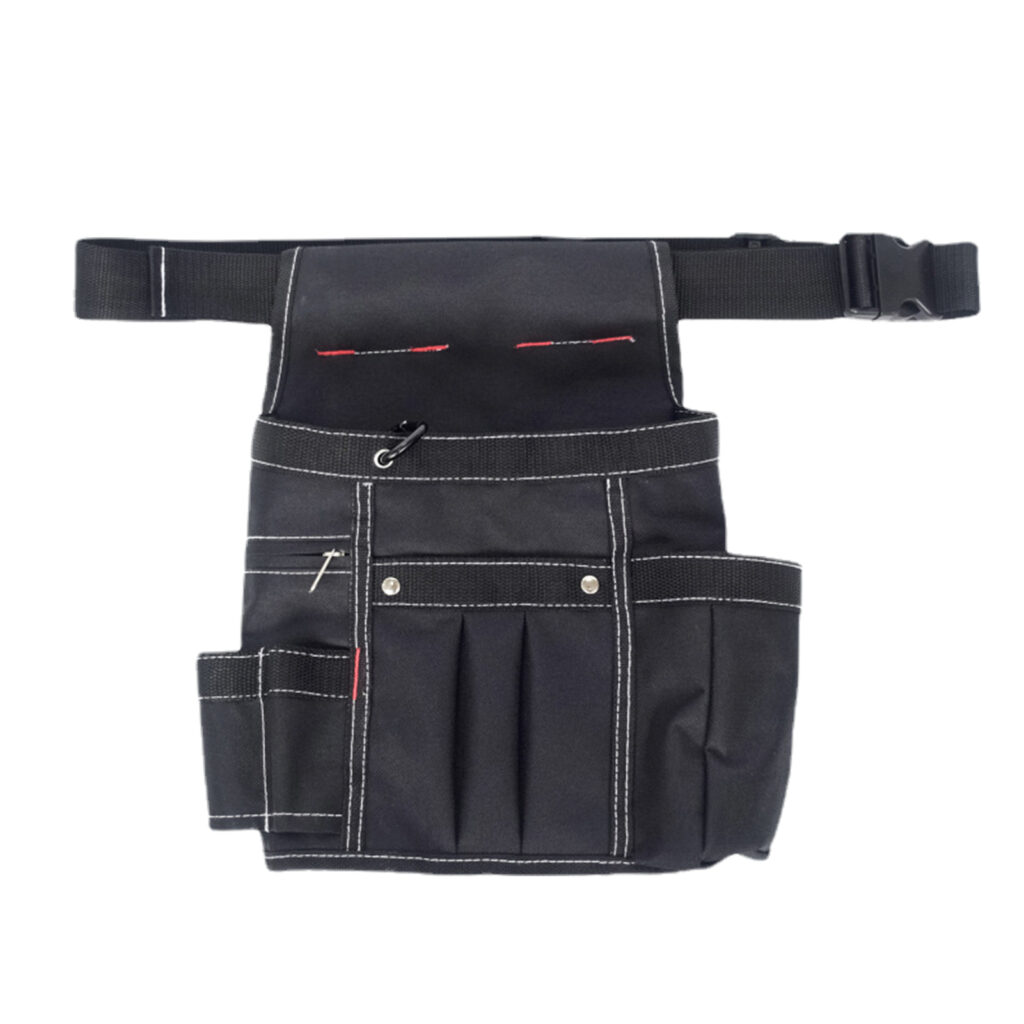 ceinture porte-outil en polyester noir à multiples poches sur fond blanc