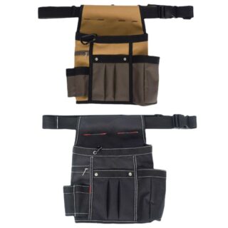 deux ceintures porte outil avec une variété de poches, une marron une noire, sur fond blanc