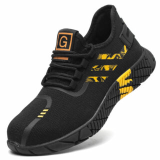 Chaussure de sécurité noire et jaune avec des lacets.