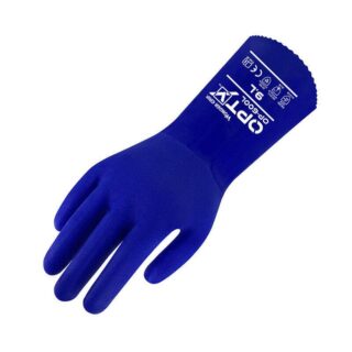 gant bleu roi en plastique avec écrits blanc au niveau du poing, sur fond blanc