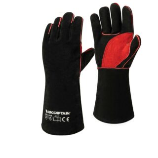 paire de gants en cuir noirs et rouges à la paume, sur fond blanc