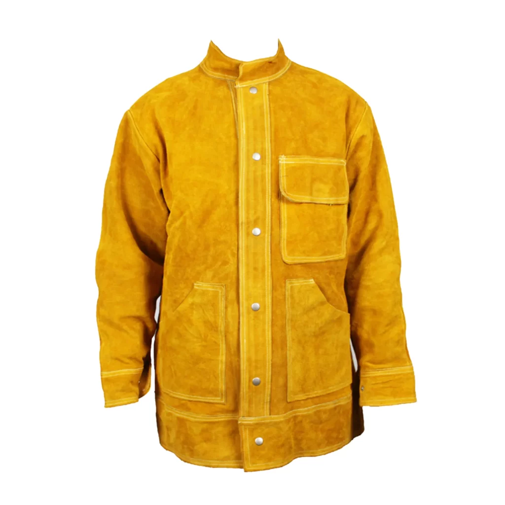 On voit une veste ignifuge jaune en cuir