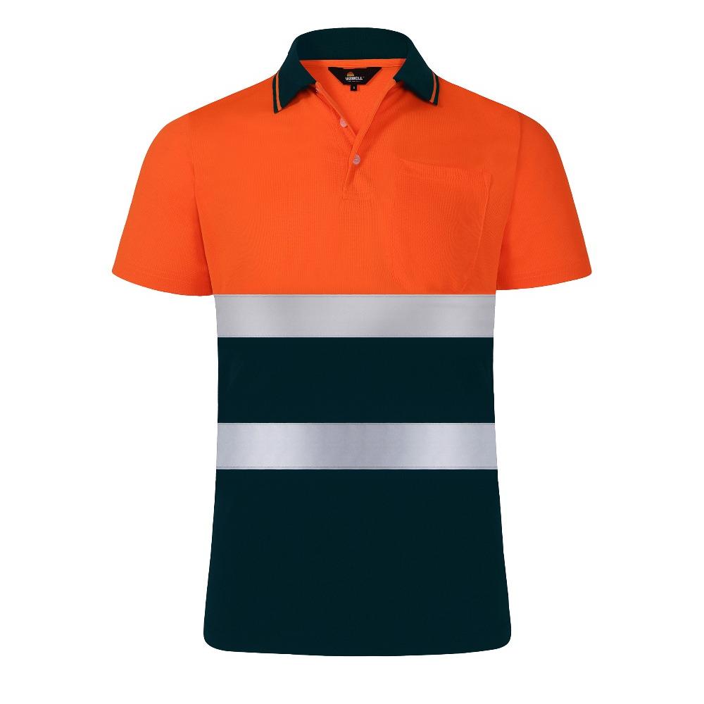 On voit un polo haute visibilité orange et noir avec deux bandes réfléchissantes.
