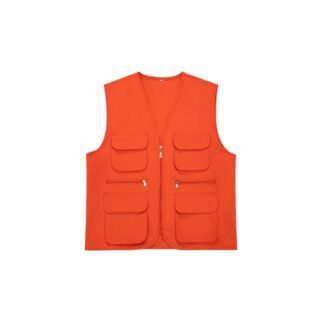 Sur fond blanc, on voit un gilet de travail pour femme de couleur orange avec beaucoup de poches. Il est zippé et présenté sur fond blanc.
