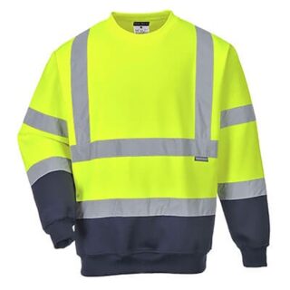 On voit un pull haute visibilité jaune et noir avec des bandes réfléchissantes.