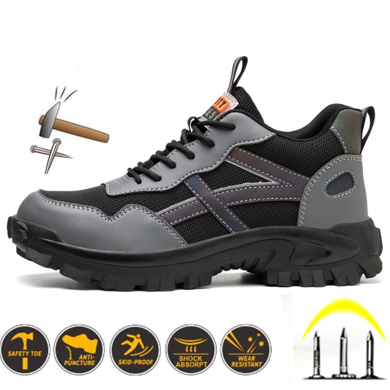 Chaussure de sécurité de profil avec un marteau et des clou et des petites images noires et jaunes dans des ronds