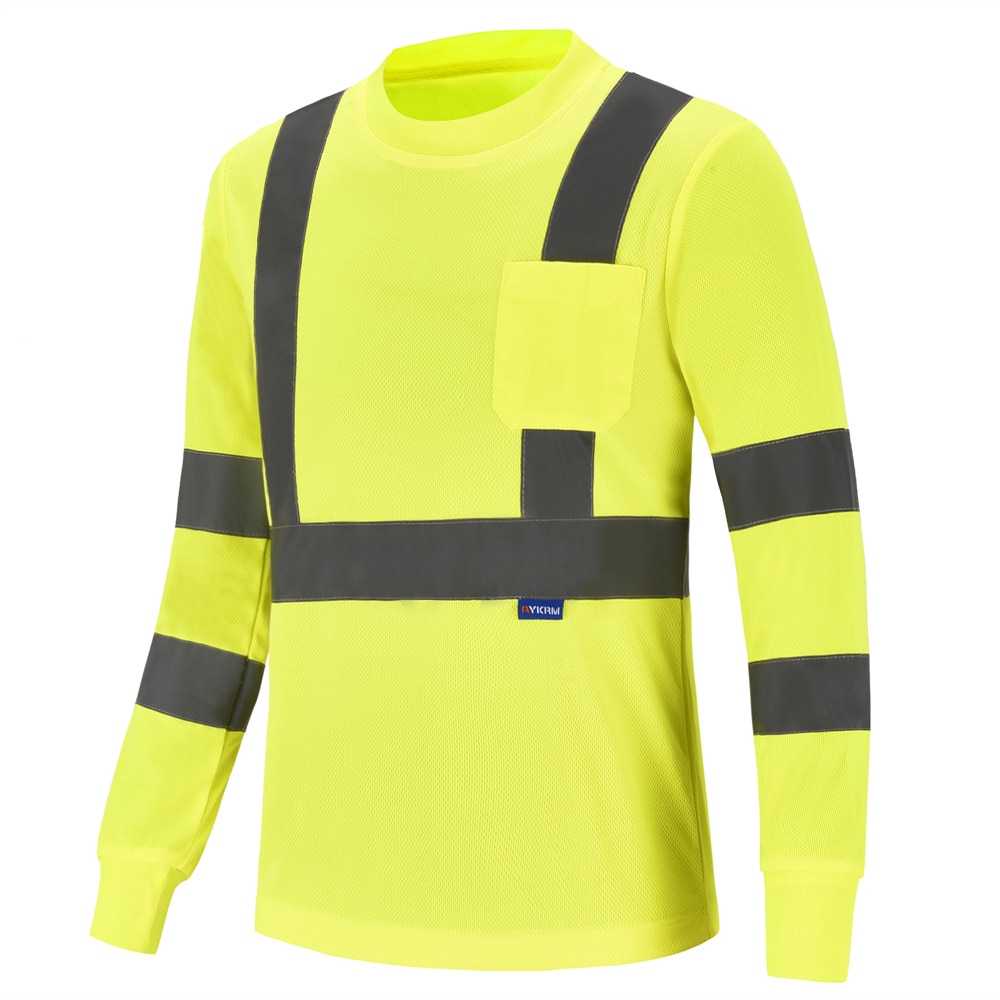 On voit un pull haute visibilité jaune, d'aspect fin, avec des bandes réfléchissantes.