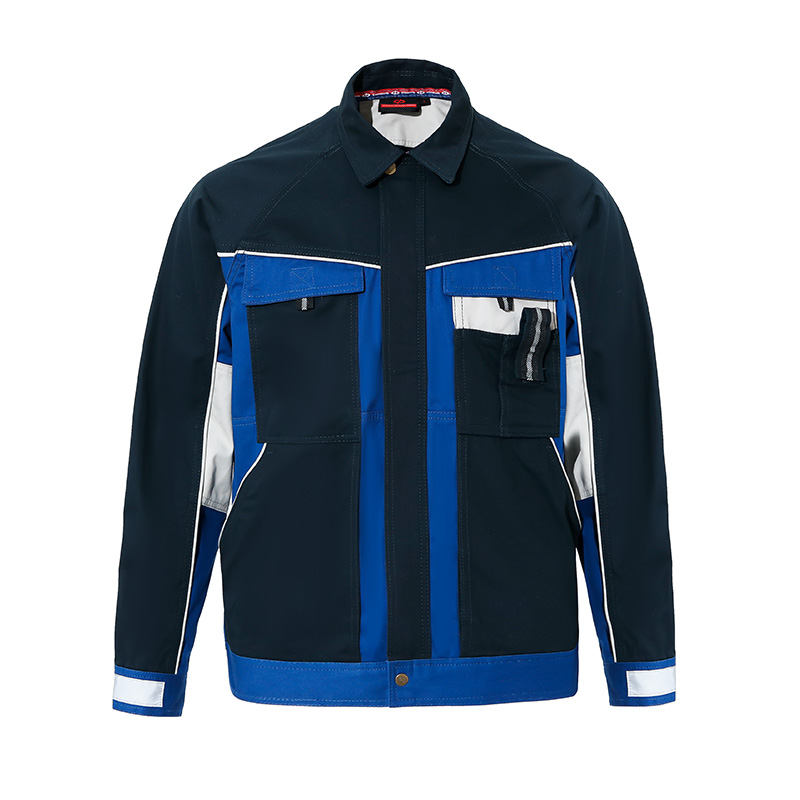Veste de travail bleue et noire sur fond blanc.