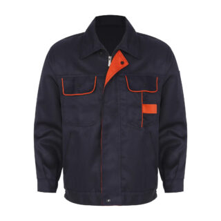 Veste de travail bleu et rouge sur fond blanc.