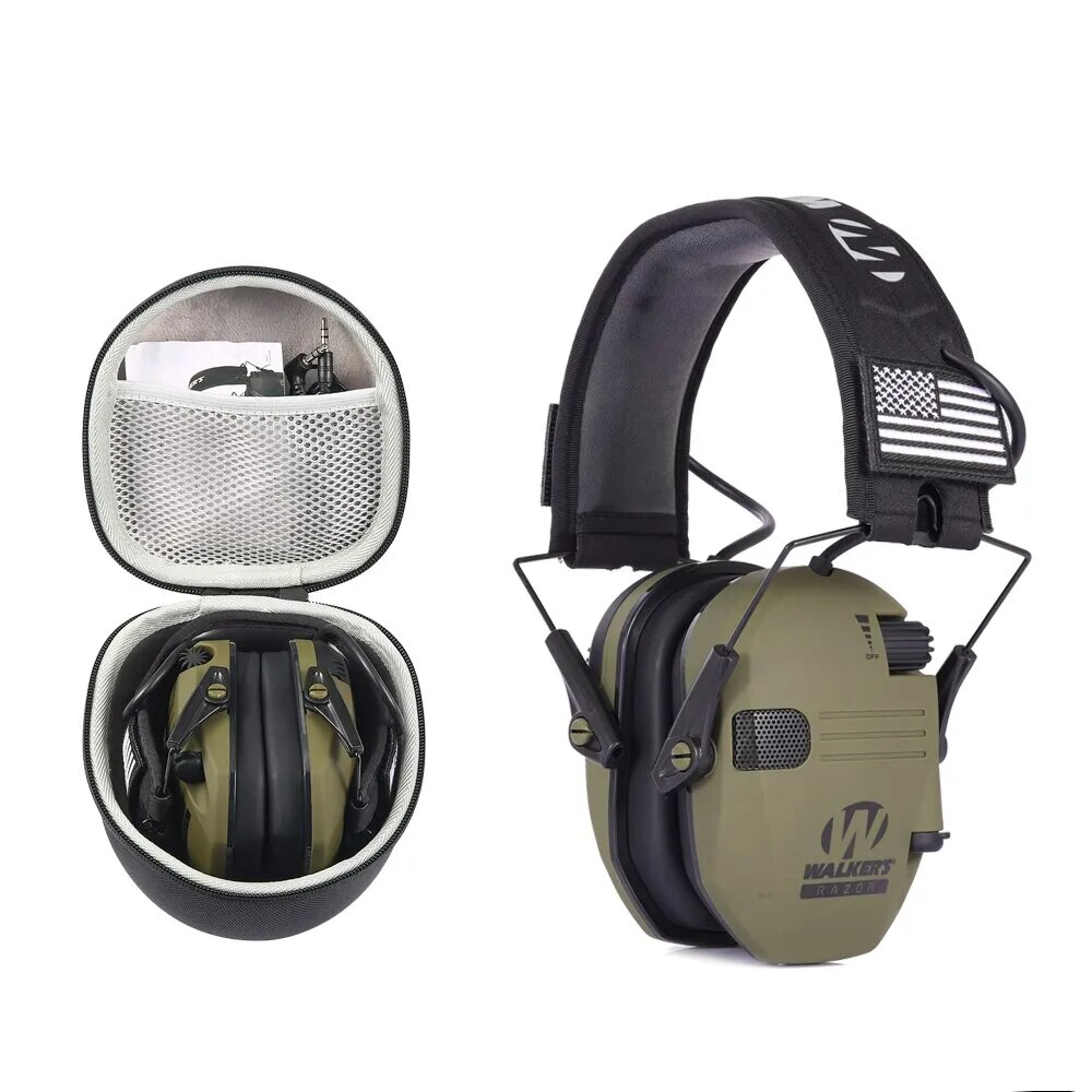 Casque antibruit vert sur fond blanc avec son étui.
