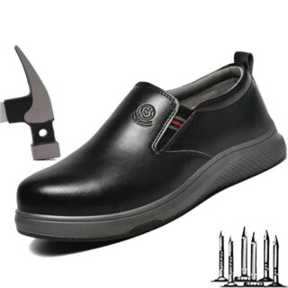 On voit des chaussures de sécurité habillées pour femme, noires, chics et élégantes