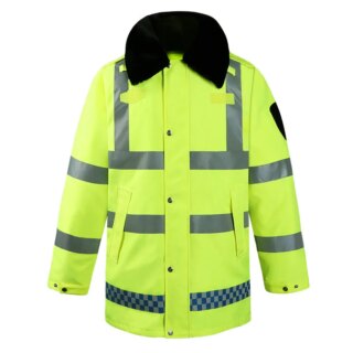Manteau haute visibilité jaune fluo avec des bandes réfléchissantes et un col en fourrure