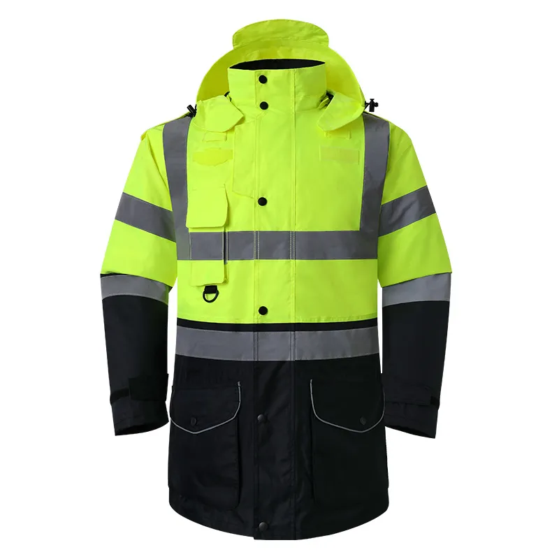 Parka haute visibilité jaune et noire à capuche avec bandes réfléchissantes