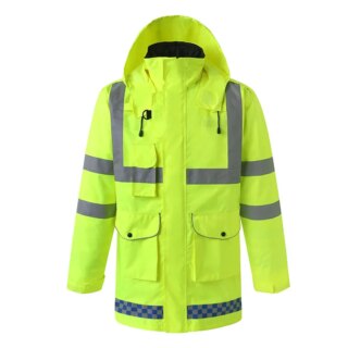 Parka haute visibilité à capuche jaune fluo avec bandes réfléchissantes