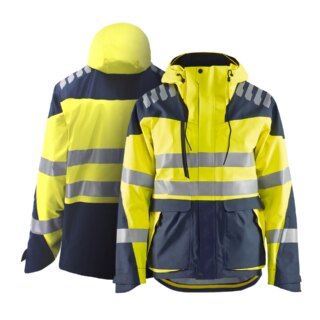 Parka haute visibilité à capuche imperméable bleu marine et jaune vue de face et de dos.
