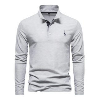 T-shirt de travail homme style polo à manches longues, de couleur gris clair, sur un fond blanc.