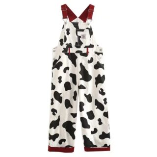 Salopette de travail femme à bretelle avec imprimé vache sur fond blanc