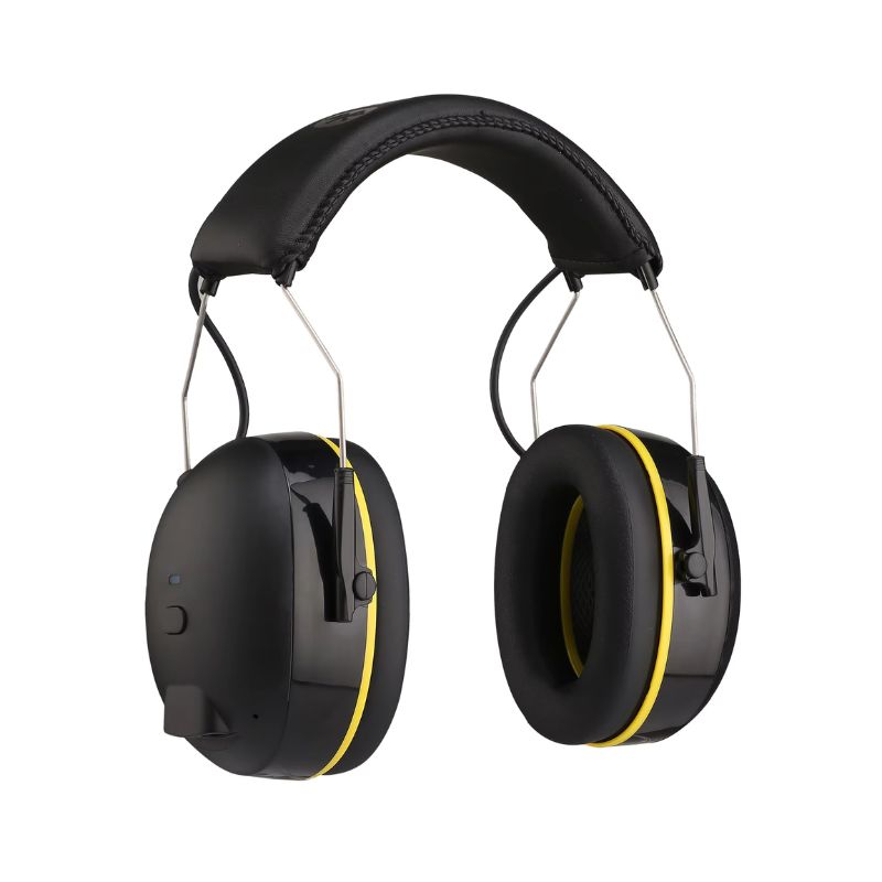 Casque antibruit Bluetooth noir avec bande jaune sur fond blanc.