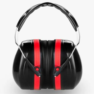 Casque antibruit basique noir et rouge sur fond blanc.