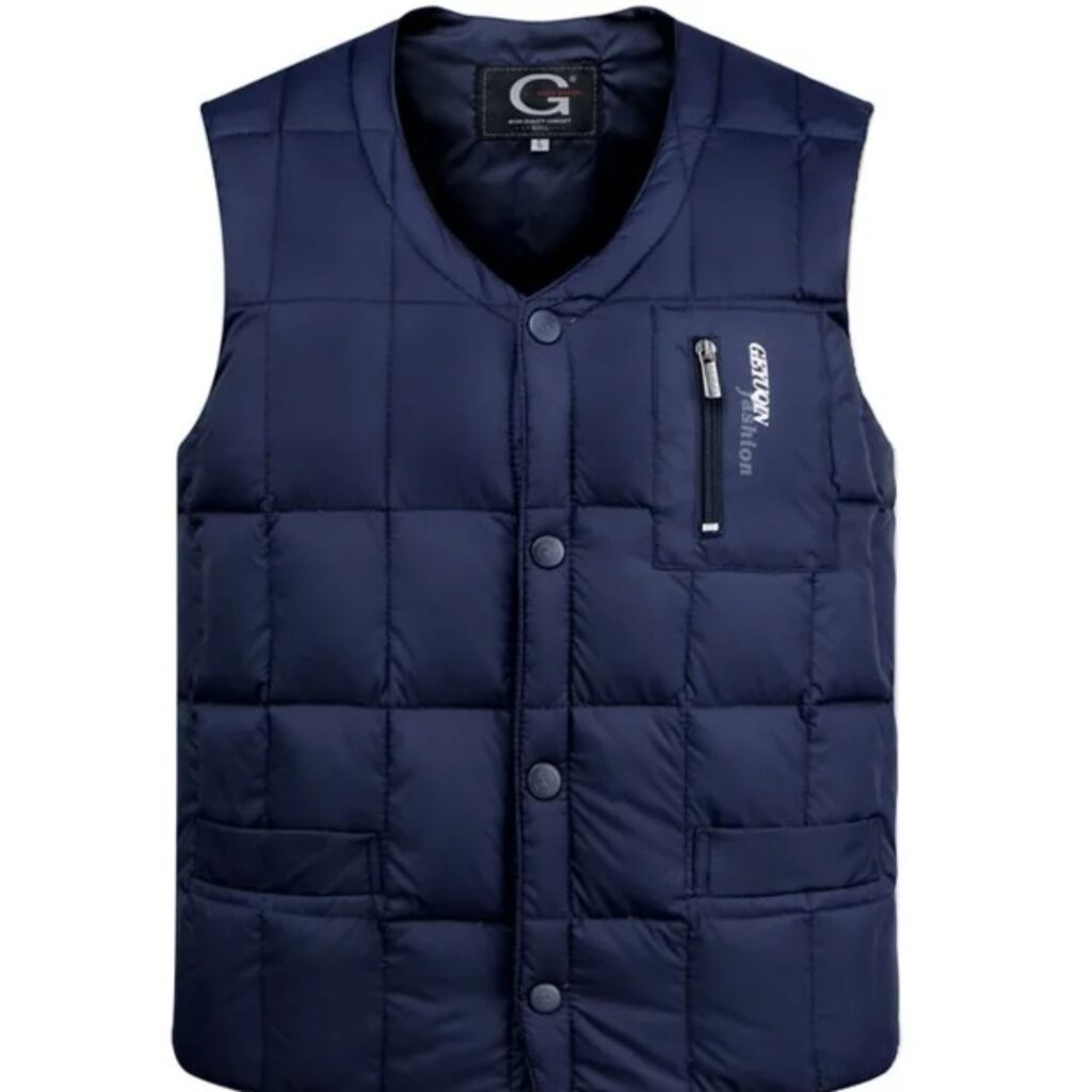 Gilet de travail bleu avec boutons pour homme sur fond blanc