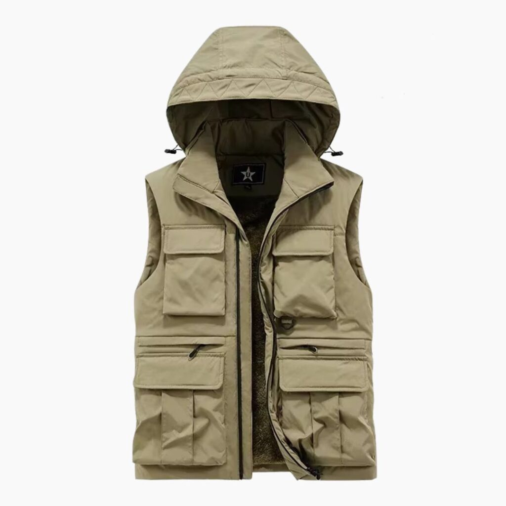 Gilet de travail coupe-vent à capuche pour homme sur fond gris